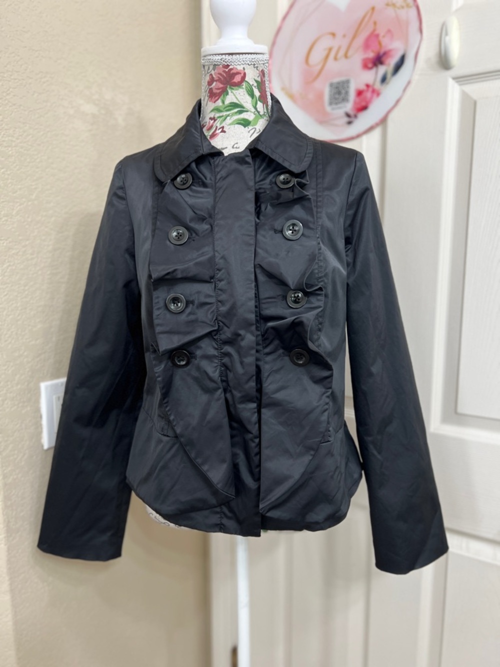 Kenar Black Double-Breasted Ruffle Detail Pea Coat